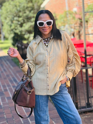 Sienna Sweetheart Blouse in Mustard is a V-neck button-front top with an elastic waist and ruched sleeves