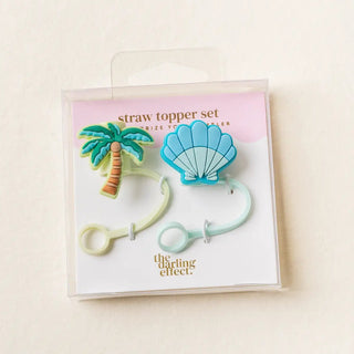 Set of straw toppers with palm tree & shell.