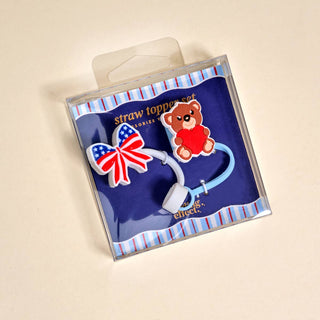 Straw topper set with bear and patriotic bow.