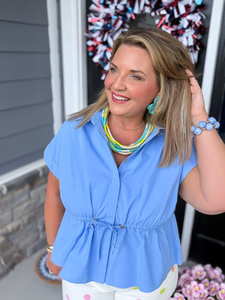 button down cinch waist blouse