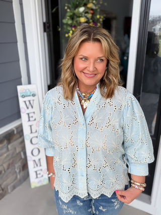 blue eyelet blouse