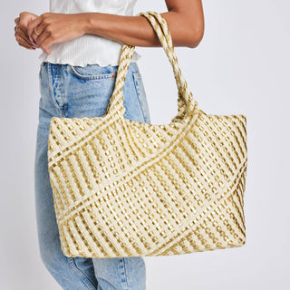 Woven beige and gold tote bag.
