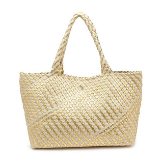Woven ivory and gold tote bag.