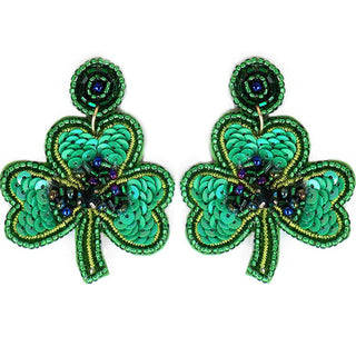 Pair of green shamrock earrings with sequins and beads.