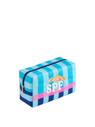 Striped pouch with 'SPF' branding.