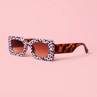 Sunglasses with dalmation print frame and tortoiseshell arms.