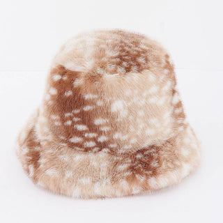 A plush faux fur bucket hat with a natural fawn spot pattern in shades of brown and cream.