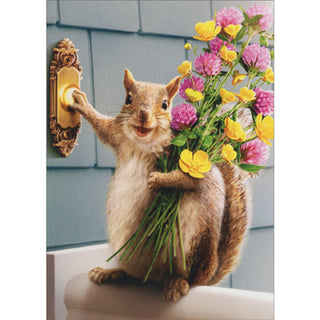 Squirrel Delivers Flower Bouquet |  New Home Greeting Card