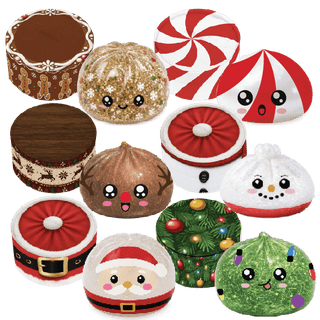 A set of cute, dumpling style squishy stress balls shaped like various holiday treats and characters, including a gingerbread man, peppermint candy, snowman, Santa Claus, Christmas tree, and glittery reindeer.