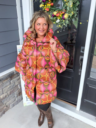St Moritz Orange Abstract Puff Coat
