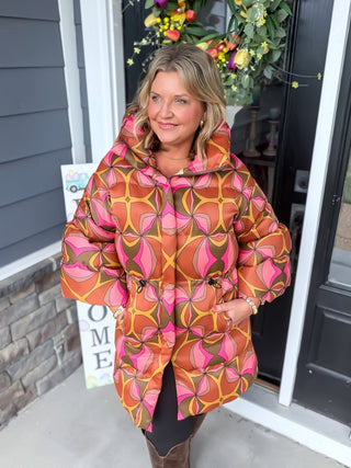 St Moritz Orange Abstract Puff Coat
