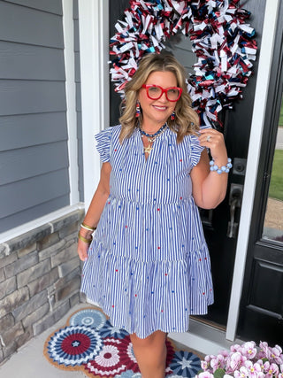 blue and white striped dress with stars
