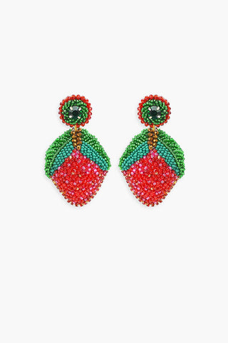 Beaded earrings shaped like strawberries by America & Beyond.