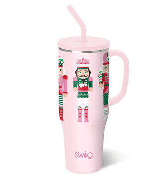 Swigs Sugar Plum Soldier 40oz mega mug and a pink straw 