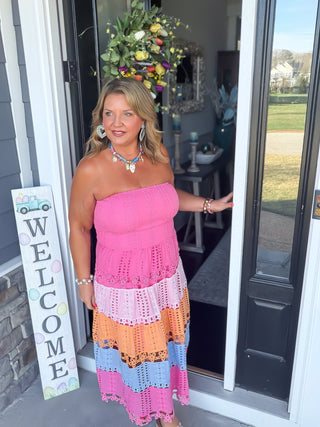 Summer Breeze Color Block Eyelet Lace Midi Dress