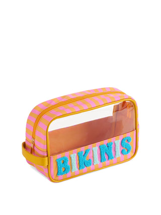 Striped pouch with 'BIKINIS' patch on it.