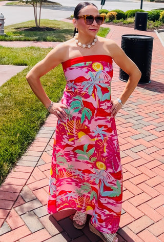 tropical print strapless maxi dress
