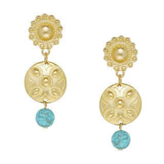 Gold earrings with turquoise stones by Susan Shaw.