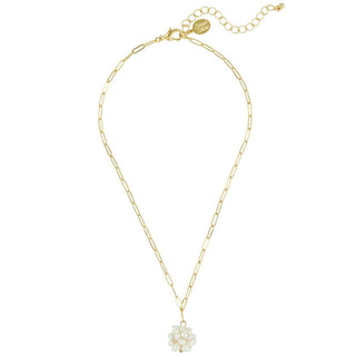 Gold chain necklace with a cluster pearl pendant by Susan Shaw.