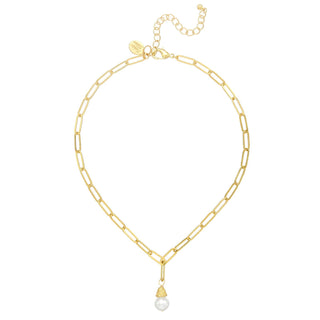 Gold chain necklace with a pearl pendant by Susan Shaw.