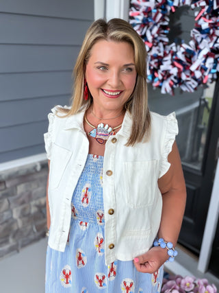 white ruffle denim vest