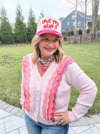 pink scallop sweater cardigan