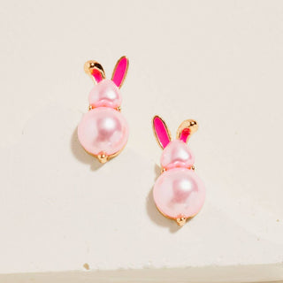 Pink pearl bunny earrrings with gold accents.