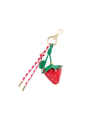 Strawberry-shaped bag charm/keychain with green stem.