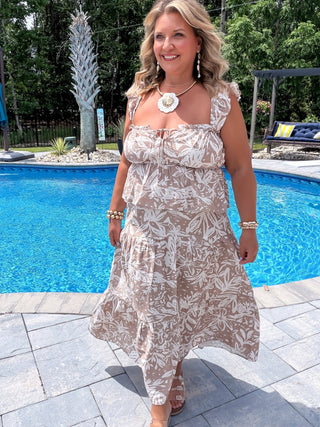 tan and white tropical floral top and skirt set