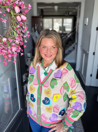 queen of sparkles conversation heart caridgan sweater