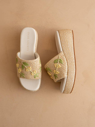 Taniya Embroidered Raffia Platform Slide