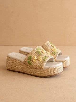 Taniya Embroidered Raffia Platform Slide