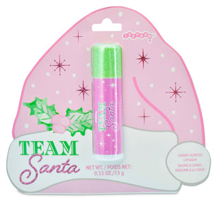 Lip balm with pink packaging featuring 'Team Santa' text and holly design.