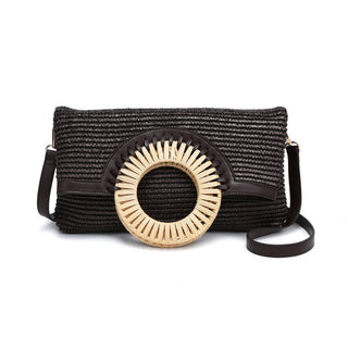 Chocolate colored woven clutch bag with a tan circular design.