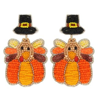 Thanksgiving Pilgrim Hat Turkey Beaded Earrings