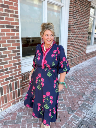 navy and pink floral midi dress