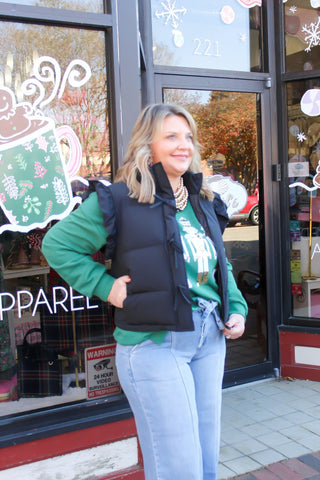 The Bow & Ruffle Puffer Vest | Black
