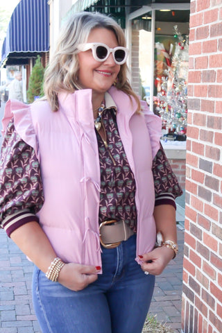 The Bow & Ruffle Puffer Vest | Pink
