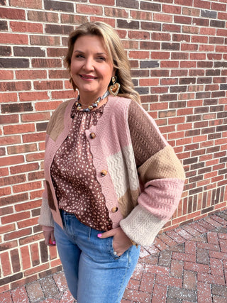 pink and brown color block cardigan