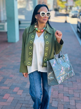 olive jacket with eyelet detailing