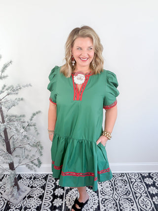 green tartan trimmed dress