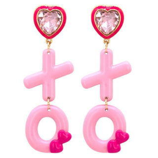 Pink heart earrings with heart and xoxo designs.