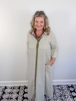 green and white striped maxi dress