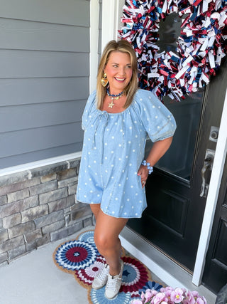 polka dot denim romper