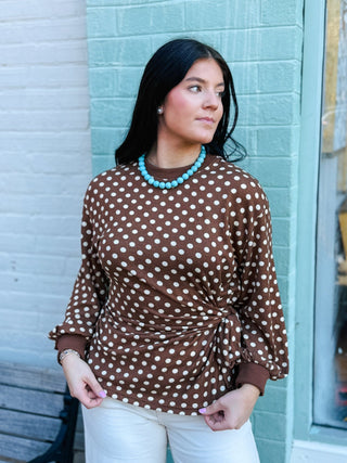 Brown and Ivory polka dot top with side tie