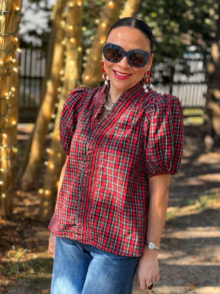 Plaid Blouse, featuring a ruched, ruffled V-neck and short puff sleeves