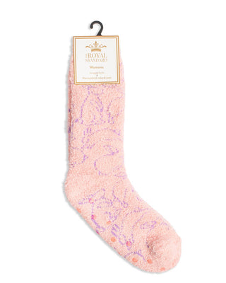 Pink sock with bunny design.