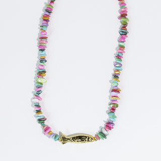 Colorful beaded necklace with a gold fish charm.