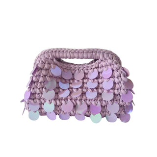 Purple woven handbag with colorful sequins.