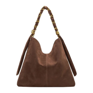 A brown suede hobo shoulder bag with a braided brown leather and gold-tone chain strap.